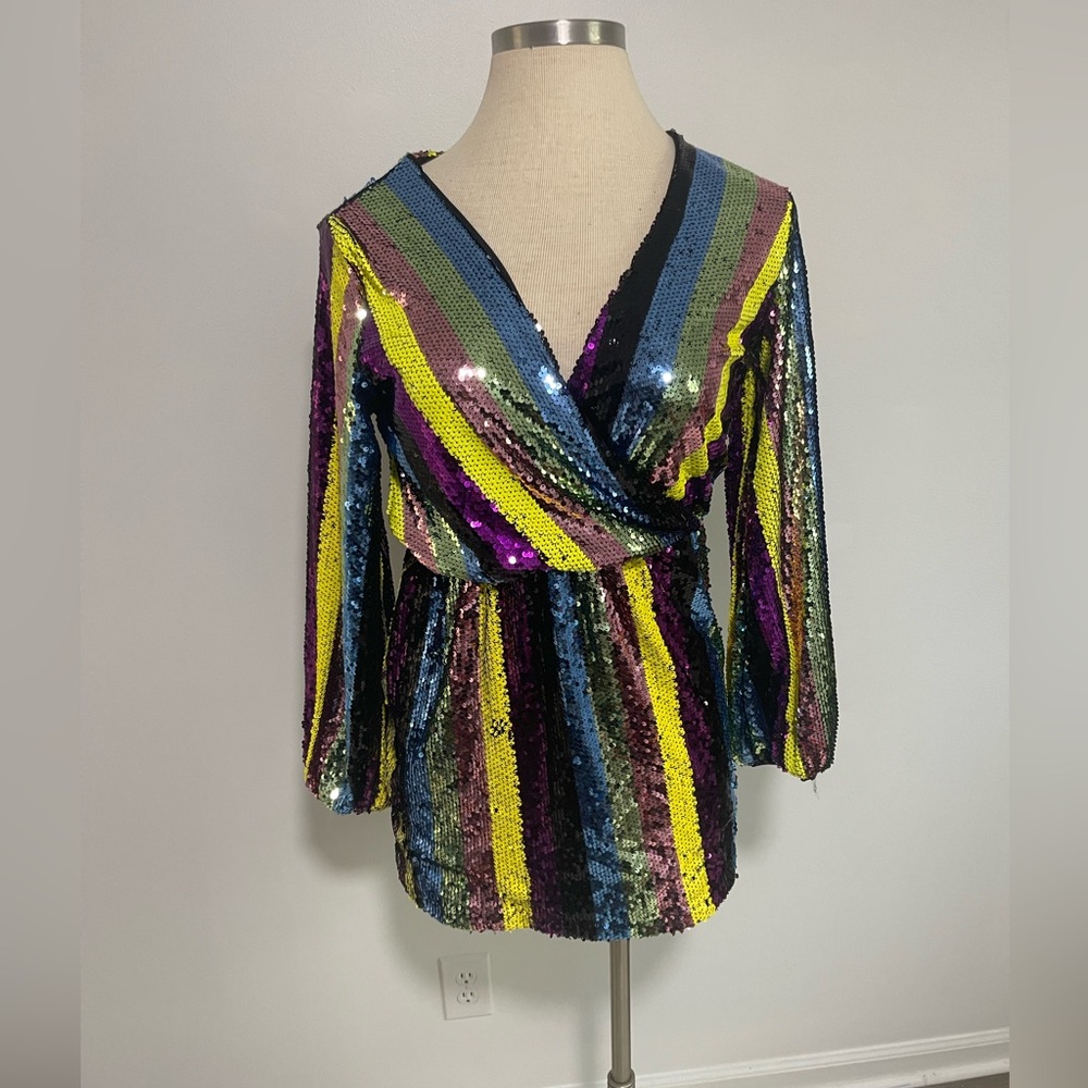 Sequin Disco Stripe Party Dress, Long Sleeve Mini Wrap Style, Lined
